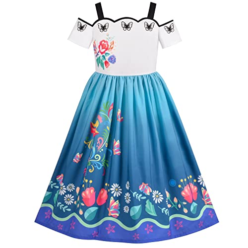 Sunny Fashion Girls Dress Scallop Trim Off Shoulder Floral Embroidery Butterfly Ocean