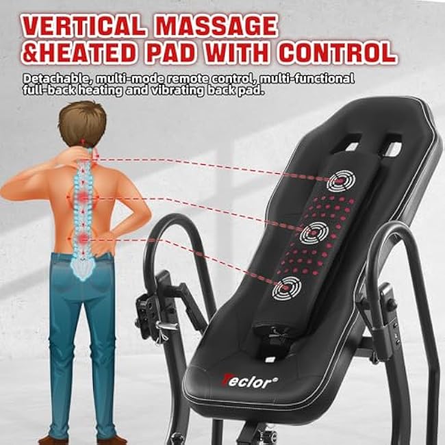 Inversion Table,Advanced Heat and Massage Function,Strength Training Inversion Table for Back Pain Relief,350 lbs Capacity with Thickened 3D Memory Foam backrest,Black