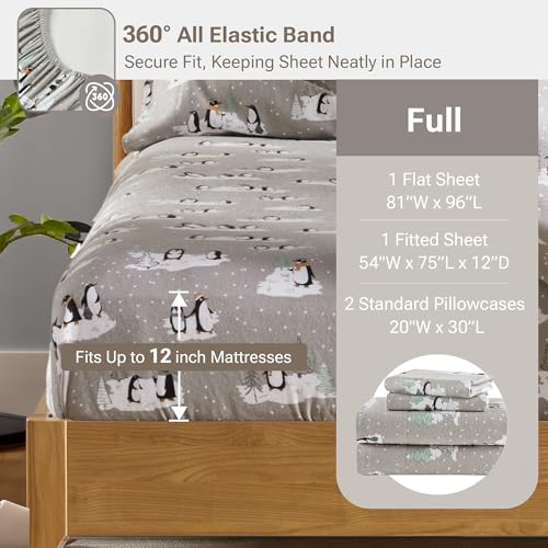 Image of True North by Sleep Philosophy Cozy Flannel Warm 100% Cotton Sheet - Novelty Print Animals Stars Cute Ultra Soft Cold Weather Bedding Set, Full, Grey Penguins 4 Piece