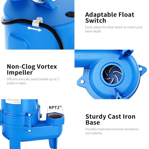Image of FOTING 1.5HP 9000GPH Sump Pump Submersible Sewage /Effluent Pump - Heavy Duty Cast Iron Automatic /Manual- Septic Pump for Sump Basin /Residential /Sewage /Basement,Sewage Pumps 2'' NPT Discharge,Blue