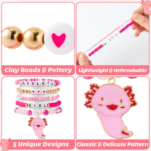 Y1tvei Cute Axolotl Bead Bracelets - 5Pcs Pink White Axolotl Lover Chains for Girls Adjustable Soft Clay Bracelet Kawaii Stuff Stretch Jewelry Accessories with Card for Kids Women Daughter Birthday4
