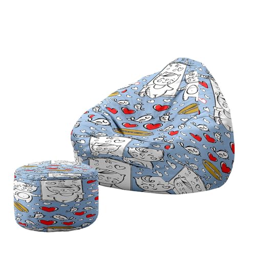 Hiseng Funda Puff Pera con Reposapies Sin Relleno S M L XL XXL, Puff Sin Relleno Grande Pequeño para Infantil Adultos Almacenaje de Juguetes de Peluche para Salon (Gato Lindo 2,130x150cm)