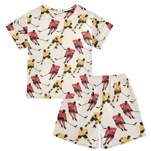 ALAZA Ice Hockey Cartoon Yellow Red Pajamas Short Sleeve 2 Piece Sleepwear Top and Bottom Pajama Set Unisex2