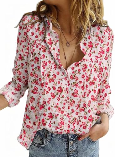 Astylish Women Long Sleeve Henley Tops Floral Print Blouse Ladies Button Down Shirts Red Small