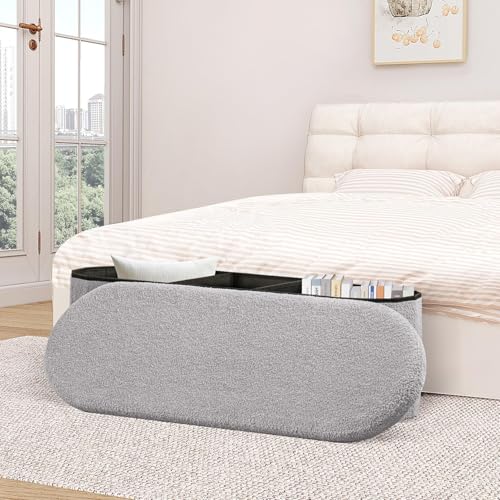 Image of B FSOBEIIALEO Ottoman with Storage for Living Room, Sherpa Folding Storage Ottoman Foot Rest, 43.3 Inches Collapsible Bedroom Bench Grey
