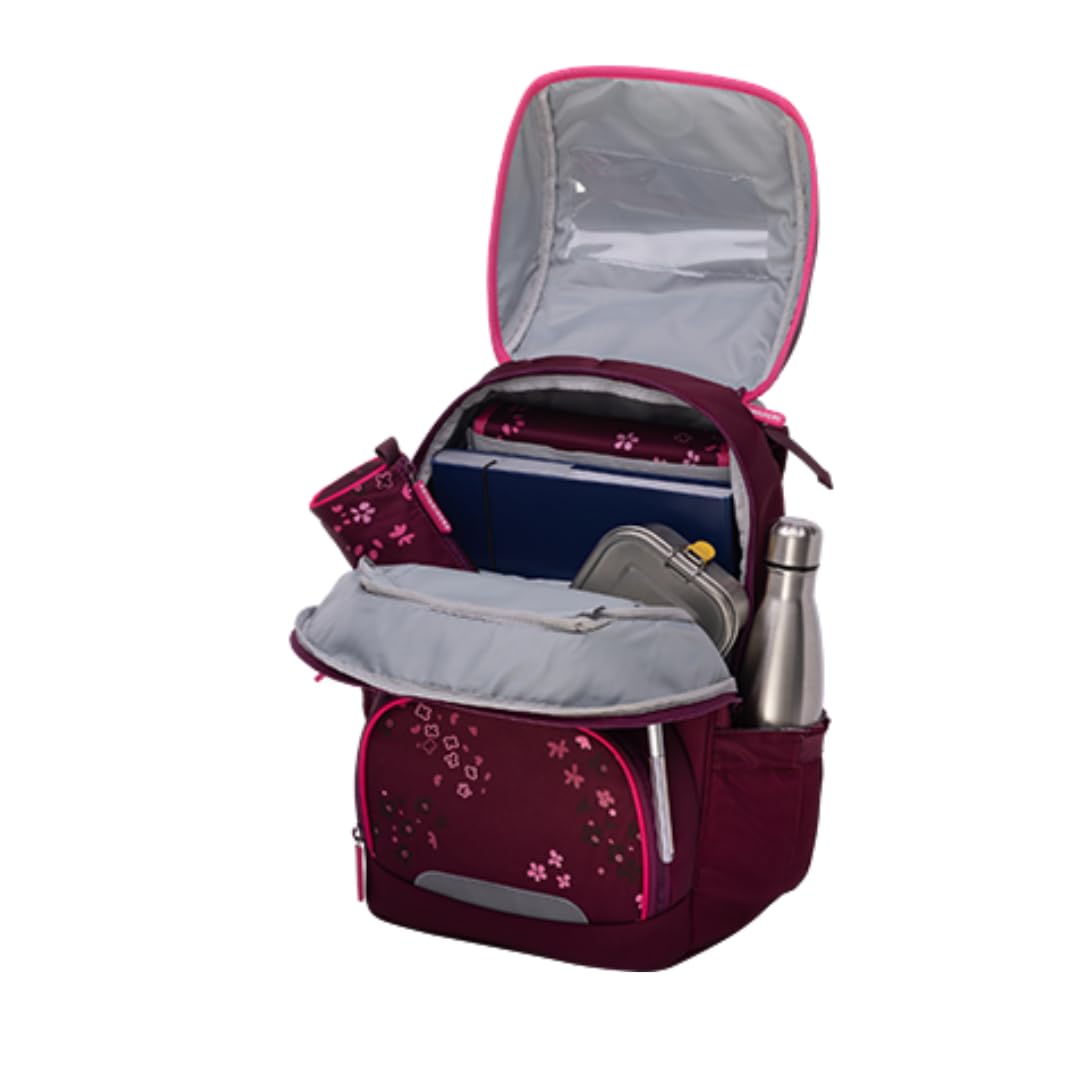 Schneiders Ergojet Schultasche Set Floral Fantasy (6-teilig) – Wandelbarer Mädchen-Schulranzen Einhorn, LED-Licht, ergonomisch & nachhaltig, leicht (990g), Schule & Freizeit, 21L, Bordeaux-Rot