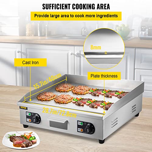 VEVOR 30" Commercial Electric Griddle 3000W Electric Countertop Griddle Non-Stick Restaurant 110V Teppanyaki Flat Top Grill Stainless Steel Adjustable Temperature Control 122°F-572°F (NO PLUG) - Image 4