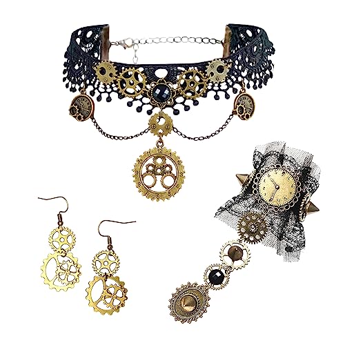 JeVenis Steampunk Damen Steampunk Accessoires Gothic Damen alskette Spitze Gotisch Choker Halskette Armbänder Steampunk Ohrringe Karneval Kostüm
