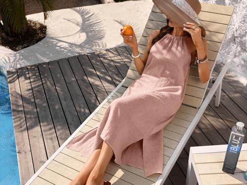 Image of Women's 100% Linen Midi Dress Halter Neck 2026 Dress Sleeveless Flowy Beach Sun Dresses with Pockets
