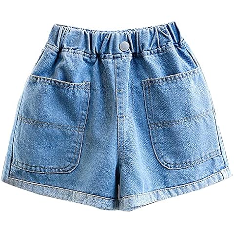 Girls Jean Shorts Elastic Waist Wide Leg Summer Cute Denim Shorts Blue Big Pocket Tag 130-5-6 Years Cover