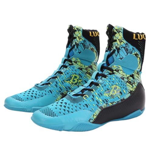 Image of Professional High-Top Boxing Shoes for Men & Women - Lightweight Wrestling Boots with Rubber Grip Sole - Breathable Microfiber & Mesh Training Shoes for MMA, Gym & Lifting (Grey, White, Blue)