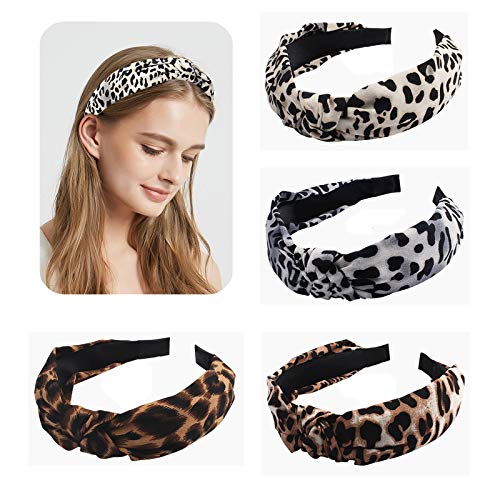 Wecoe 4 Pack Leopard Knotted Headband Animal Print Headbands Wide Hair Hoops Hairband Hair Accessories for Women Girls