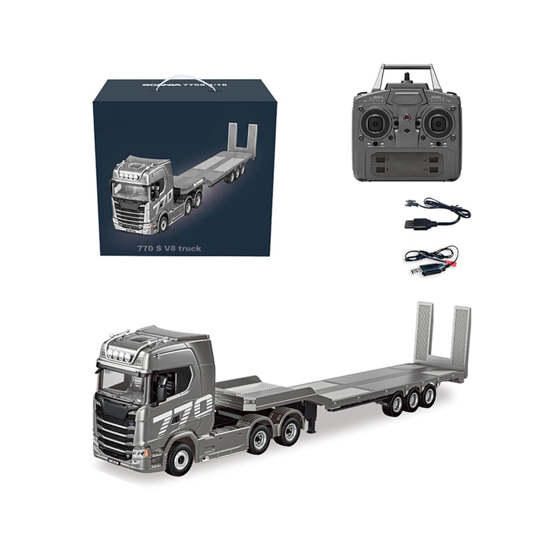 Builignis 770S RC Heavy-Duty Tractor Truck with Flatbed Trailer, 1/18 Scale 6x4 2.4GHz RC Hauler Construction Vehicle Model with Lights & Sound for Display and Outdoor Fun, Gift for Adults (Silver)