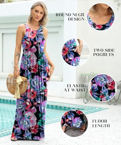 Image of EUOVMY Women's Sleeveless Dress Casual Plain Loose Summer Long Maxi Dresses with Pockets
