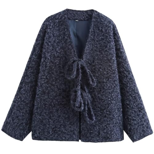 Wyeysyt Womens Fuzzy Tie Front Jacket Oversized V Neck Long Sleeve Causal Coat Bow Furry Jacket Outerwear