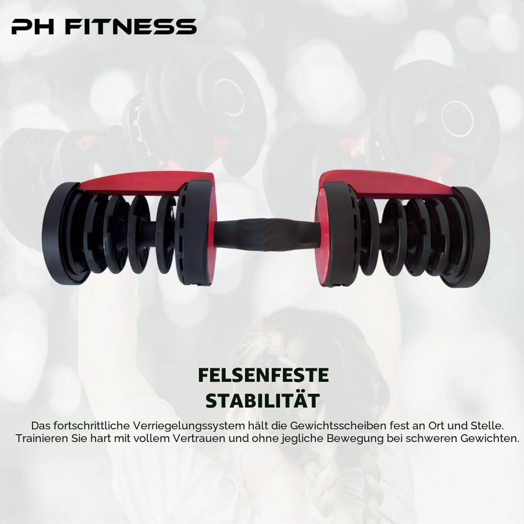 PH Fitness Premium Verstellbares Kurzhantel Set 24kg – 15-in-1 Einhand-Drehung – Kompaktes Hantel-Duo für Home Gym – 2,5–24kg – Platzsparendes Krafttrainingsgerät