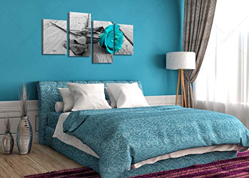 Teal Bathroom Decor - Teal Rose Floral Canvas Wall Art Large Black And White Modern Flower Painting - Teal Kitchen Accessories And Decor - Turquoise Decor For Living Room Valentine's Day Artwork #TOP1
