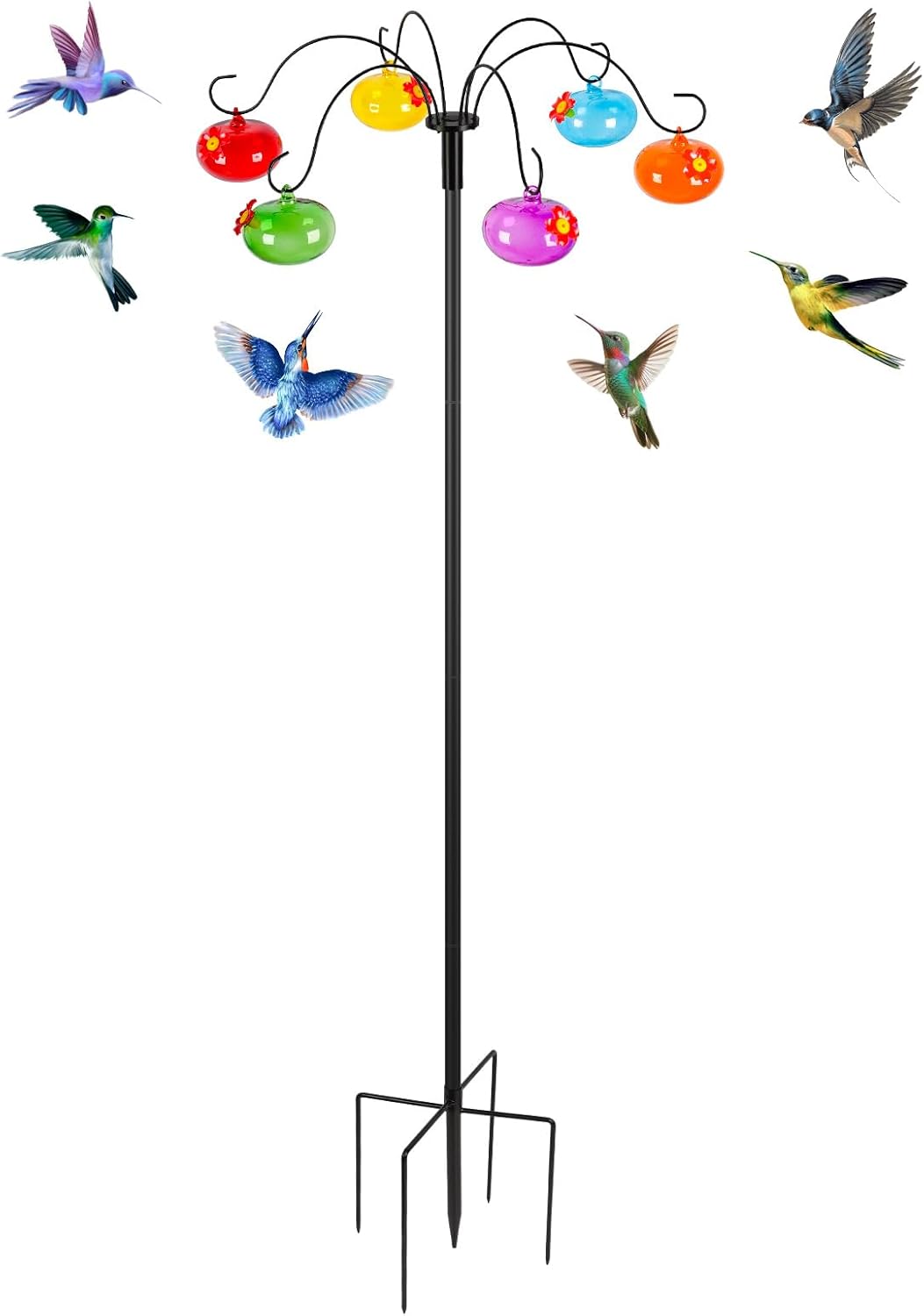 Liitrton Glass Hummingbird Feeders with Shepherds Hook for Outdoors Hanging 6 Hand-Blow Glass Hummingbird Feeder Balls, Adjustable Hight Bird Feeder Pole for Outside Garden Decor