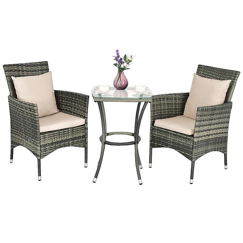 KOMFOTTEU Conjunto de Muebles de Ratán PE, Juego de Mesa y 2 Sillas para Jardín con 4 Cojines, Set de Sillones con Respaldo Alto y Mesa de Cristal Templado, Conjunto para Terraza, Patio