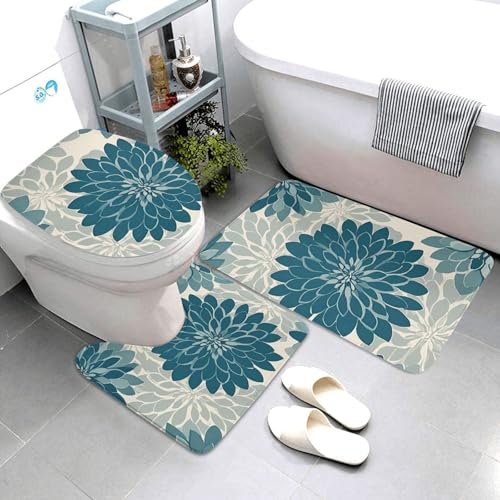 Alfombrillas de baño turquesas de dalias con 3 piezas de microfibra 4