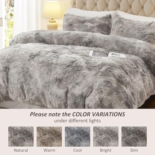 Image of EMME Plush Fuzzy Twin Duvet Cover Set, Luxury Soft Faux Fur Velvet Fluffy Comforter Cover Set 2 Pieces Soft Warm and Durable, 1 Duvet Cover + 1 Pillow Case, Zipper Closure (Tie Dye Light Grey,Twin)