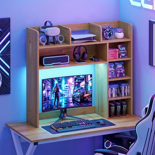 Image of Tangkula Desktop Bookshelf with LED Lights, Desk Hutch with 8 Shelves for Max 25 inch Monitor, Desktop 5-Tier Display Rack, Multipurpose Wood Desktop Storage Hutch Organizer for Dorm Office Home (Natural)