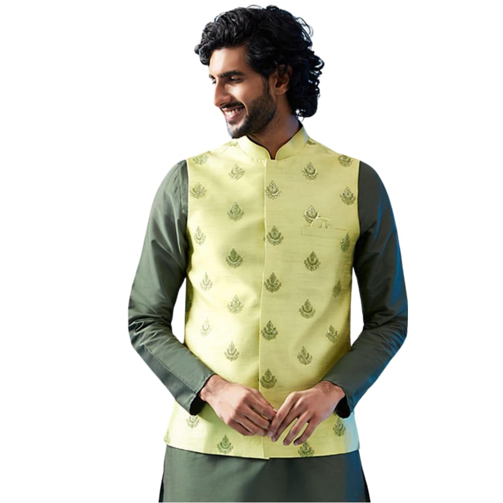 kisah Men's Nehru Jacket, Green Silk Blend, Embellished Regular Fit Sleeveless Mandarin Collar-picture-11