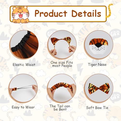ACWOO Kids Tiger Costume Set - 5PC Tunic Ears Headband Tail Bow Tie Nose for Halloween - Image 2