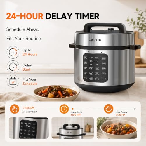 Image of CARORI 8Qt,9-in-1,1200W Electric Pressure Canner, IMD Touchscreen, Non-Stick Pot. Quick, Time-Saving, Healthy. Olla de Presion (Ollas). Safe Venting.Rice,Slow,Steamer, Saute, Warmer, Silver