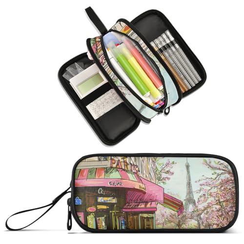 Image of Paris Eiffel Tower Large Capacity Pencil Case Pencil Pouch Pen Box | 3 Compartment Large Storage Pencil Bag for Adults School Office Teen Girl Boy Men Women