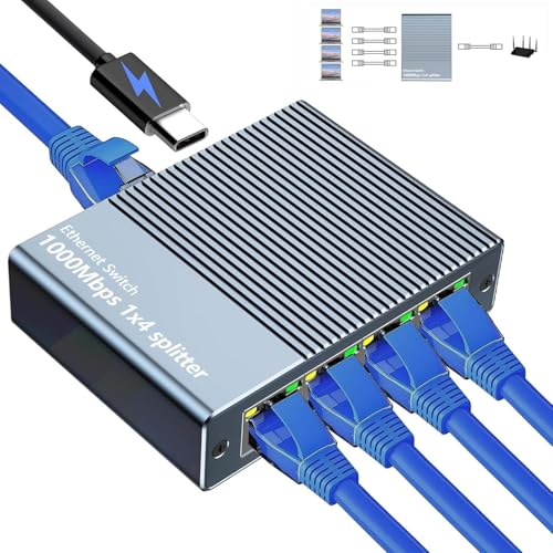 Image of Gigabit Ethernet Splitter 1 in 4 Out, RJ45 LAN Network Adapter 1000Mbps with USB C Power Supply, High Speed Wired Internet Splitter for Router, Modem, PC, Laptop, Smart TV & Gaming Console