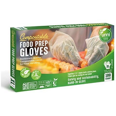 UNNI Compostable Food Prep Gloves, Large, 100 Count, Powder-Free, For Food Handling & Cleaning, ASTM D6400, BPI Certified Cover