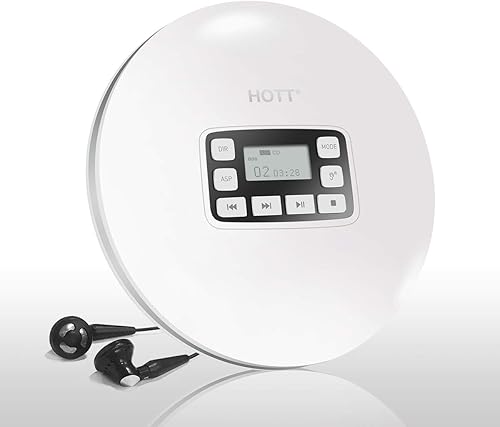 Reproductor de CD portátil, HOTT CD611 Personal Small Walkman CD Disc Player con auriculares estéreo, protección antigolpes electrónica (blanco)
