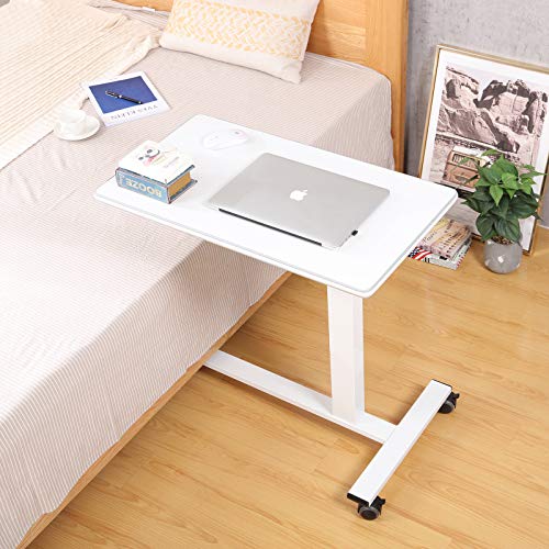 Furist Hospital Medical Adjustable Overbed Bedside Table With Wheels,Pneumatic Mobile Laptop Computer Standing Desk Cart With Tray, Hospital And Home Use(White) #TOP7