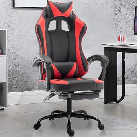 Massage Ergonomic Gaming Chair, Comfortable Gaming Chair with Footrest, Computer Chair Leather Desk Chair Mesh Adjustable Swivel Gaming Office Chair (Style2/black/red) Cover