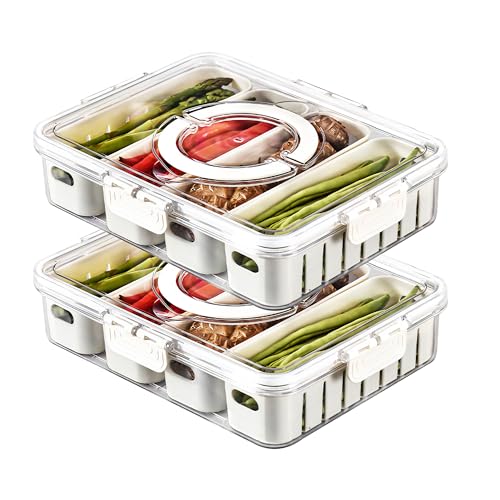 MineSign 2Pack Divided Snackle Box with Lids Stackable Food Serving Tray for Fruit&Veggie Plastic Fridge Storage Contain - Detailed View