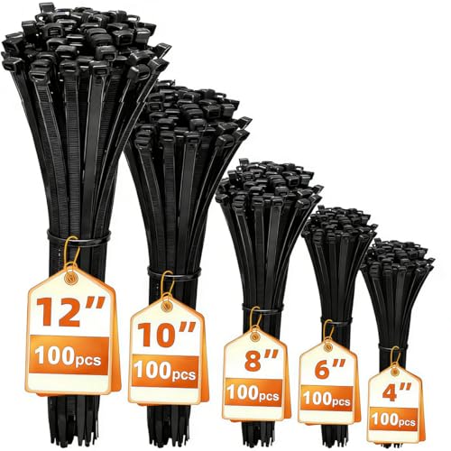 Self Locking Electrical Cable Ties 500PCS Wire Tie Wraps 5 Size (10/15/20/25/30CM) with 18KG Tensile Strength Heavy Duty Nylon Cable Cord Management Plastic Cables Zip Ties for Indoor Outdoor Black