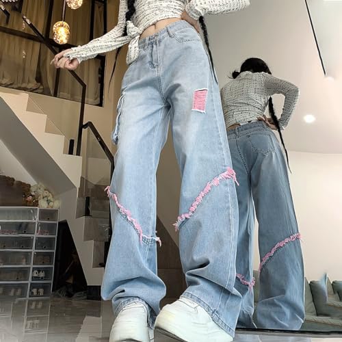 Grunge Y2K Goth Vintage Casual High Rise Loose Straight Wide Leg Pink Ripped Frayed Raw Trim Cargo Jean Pants2