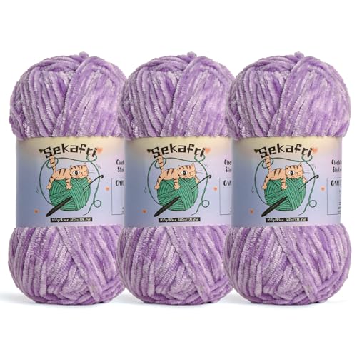 Image of 3 Pack of 300g (590yds) Fuzzy Chenille Yarn for Crocheting,Fluffy Amigurumi Crochet Yarn for DIY Craft /Hat /Clothes, Soft Velvet Baby Blanket Yarns（3 Light Purple）