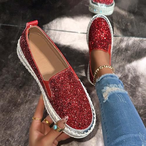 Women Rhinestone Platform Loafers,Cute Glitter Bling Fashion Slip-On Sparkle Bling Sequin Sneakers Summer 2025 Comfort Soft Hiking Flat Shoes for Going Out Walk2
