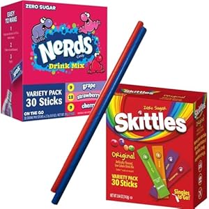 Keto Sensations: Low Carb Zero Sugar Drink Mix – Variety Pack of 2 box of Signles to Go drink Sticks – Nerds Flavor Grape, Strawberry, Cherry – Skittles Flavor , Grape, Strawberry, Orange, Green Apple – 60 Packets total – Comes with 2 Paper Straws and 1 Exclusive PALiSOL CREATiONS Stickers