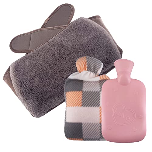 Wärmflasche aus Gummi mit Weichem Taillenbezug, 3 in 1 Faux Kaninchen Plüsch Wärmflasche Kautschuk,Wärmbeutel für Hals, Schultern, Beine, Taille, Bauch, Handwärme(Braun) Cover