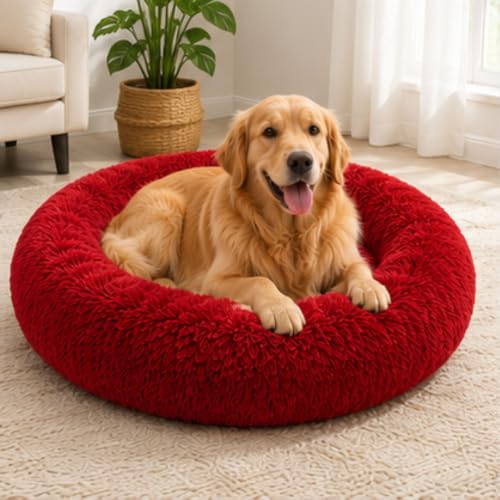 Image of Dog Bed for Dogs & Cats, Fluffy Round Donut Pet Bed, Ultra Soft Faux Fur Pet Nest, Raised Edge Comfort Support, Reversible Double-Sided Use, Washable Sleeping Cushion, Red, Small