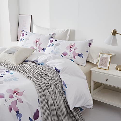Jezivlo Floral Duvet Cover Set Queen Size White, Botanical Floral Plants Leaves Printed Colorful Foliage Reversible All Season Bedding Set With Zipper Closure (No Comforter) #TOP2