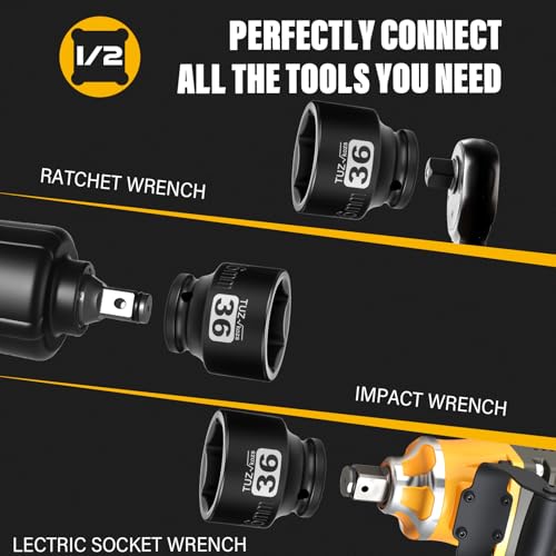 Image of 1 /2 Inch Drive 36mm Shallow Metric Impact Socket,CR-MO,6 Point Radius Corner Design,Square Chamfered Opening,Axle Nut Impact Grade Socket for Easy Removal