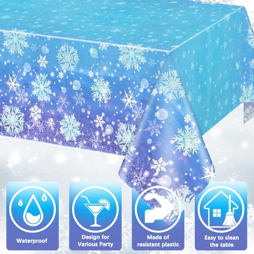 Image of 4 Pcs Plastic Winter Snowflake Tablecloth Decorations, 54x108 Inch Blue and Purple Snowflake Winter Wonderland Disposable Table Cover for Christmas Holiday New Year Party Supplies Decor