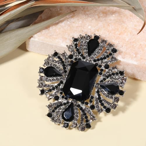 Image of Black Brooch Vintage Rhinestone Brooches and Pins for Women, Elegant Flower Badge Brooch Lapel Pins for Clothes Dress Hats Bags Accessory