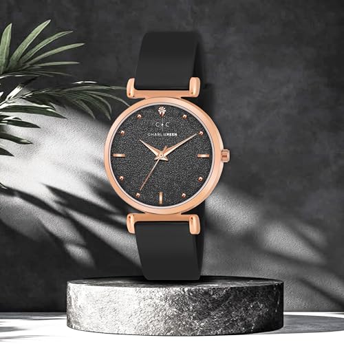Image of CHARLIEKEEN Women's Analog Watch with Rose Gold Case, Silicone Band, Textured Dial, Crystal Markers