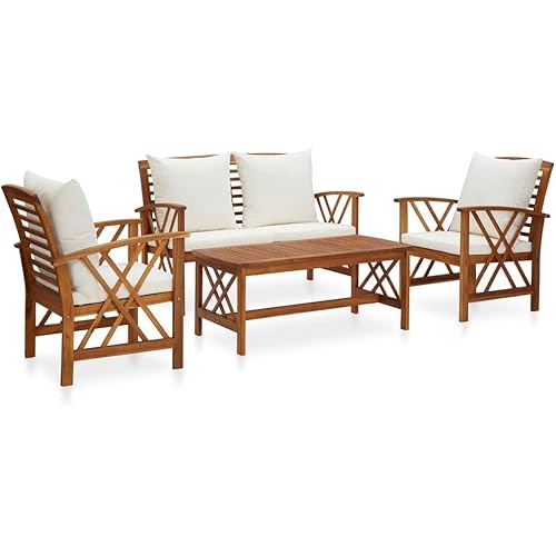vidaXL Patio Furniture Set 4 Piece, Patio Bench Seat with Coffee Table, Wooden Dining Set for Garden Balcony Porch, Modern, Solid Wood Acacia