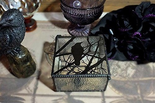 Ebros Gift Gothic Silhouette Raven Crow On Tree Branch Frosted Glass Decorative Jewelry Box 4" Wide Edgar Poe Nevermore Ravens Crows Stash Trinket Secret Box #TOP6